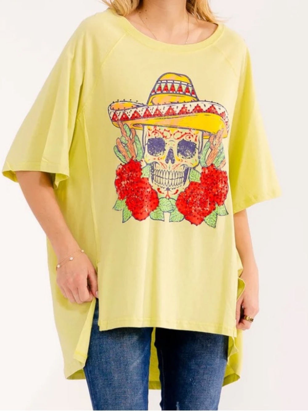 Rhinestone Accent 💯 Cotton Skull Western Mexicali Graphic Short Sleeve T-Shirt